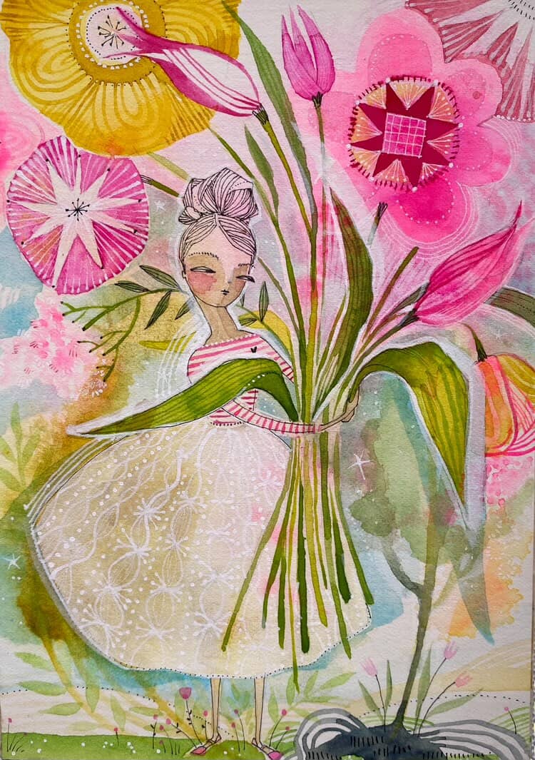 RESERVED for CHRISTY P Original painting of girl with flowers