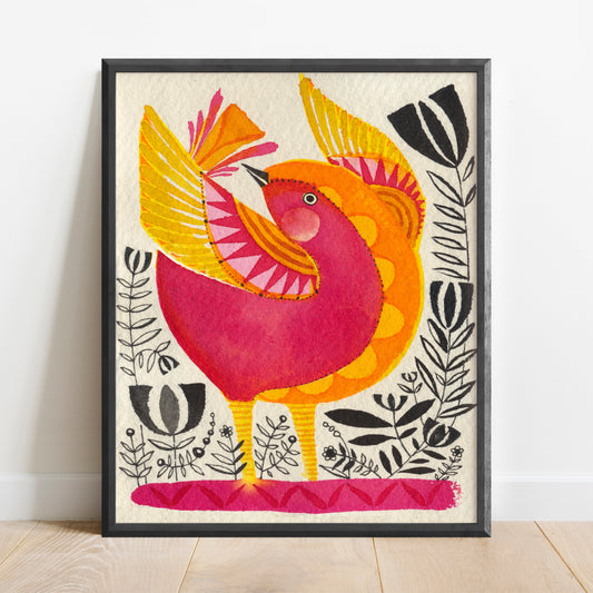 Art Print of a Modern Red & Orange Bird painted by Cori Dantini