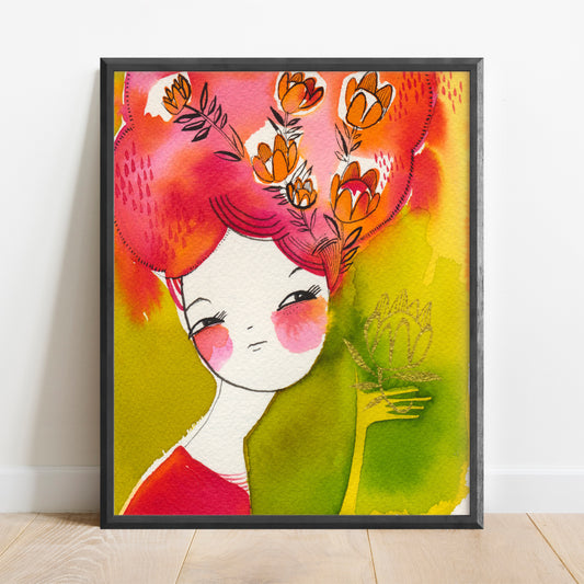 Art Print of a Woman  holding a flower, by Cori Dantini