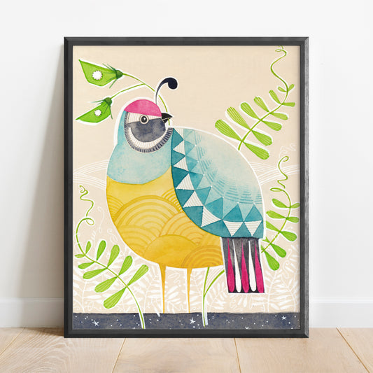 Art Print of a whimical & modern style Quail painted by Cori Dantini